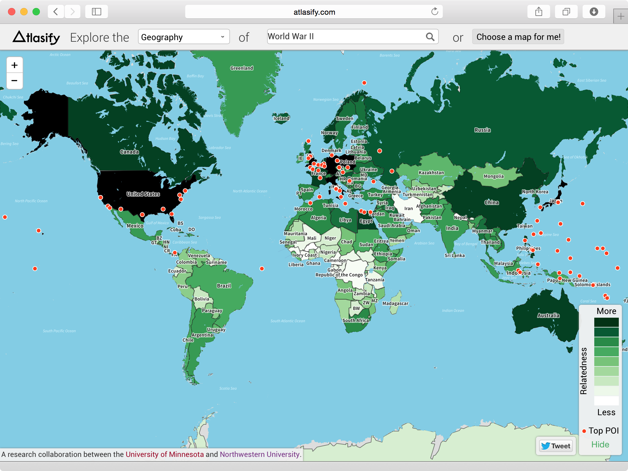 Atlasify's results for the query "World War II" on the world map reference system.