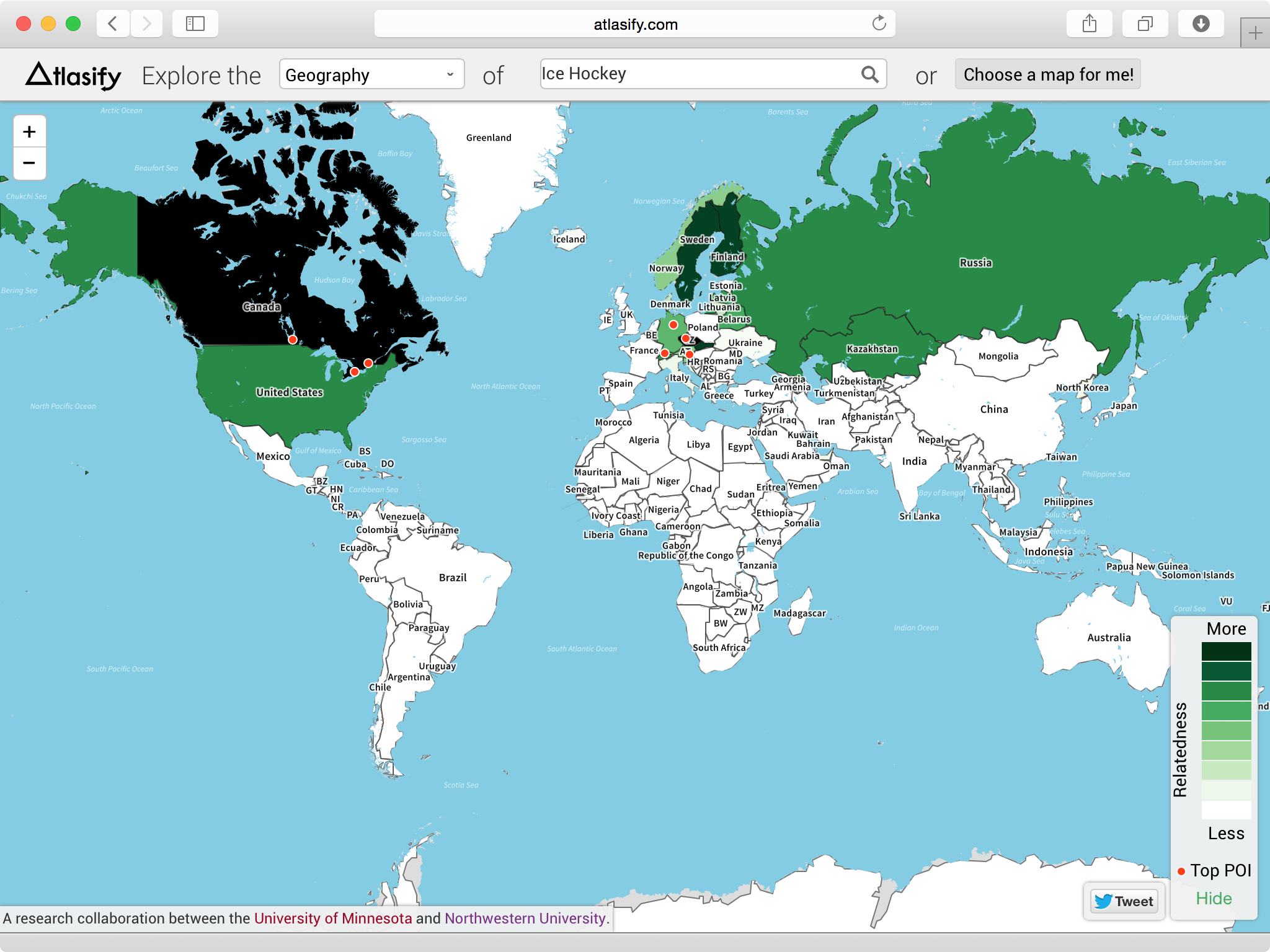 Atlasify's results for the query "Ice Hockey" on the world map reference system