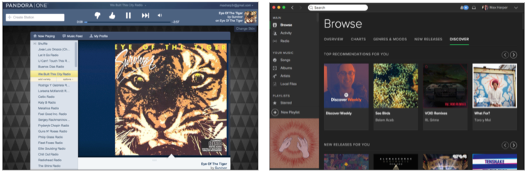 screenshots of pandora and spotify