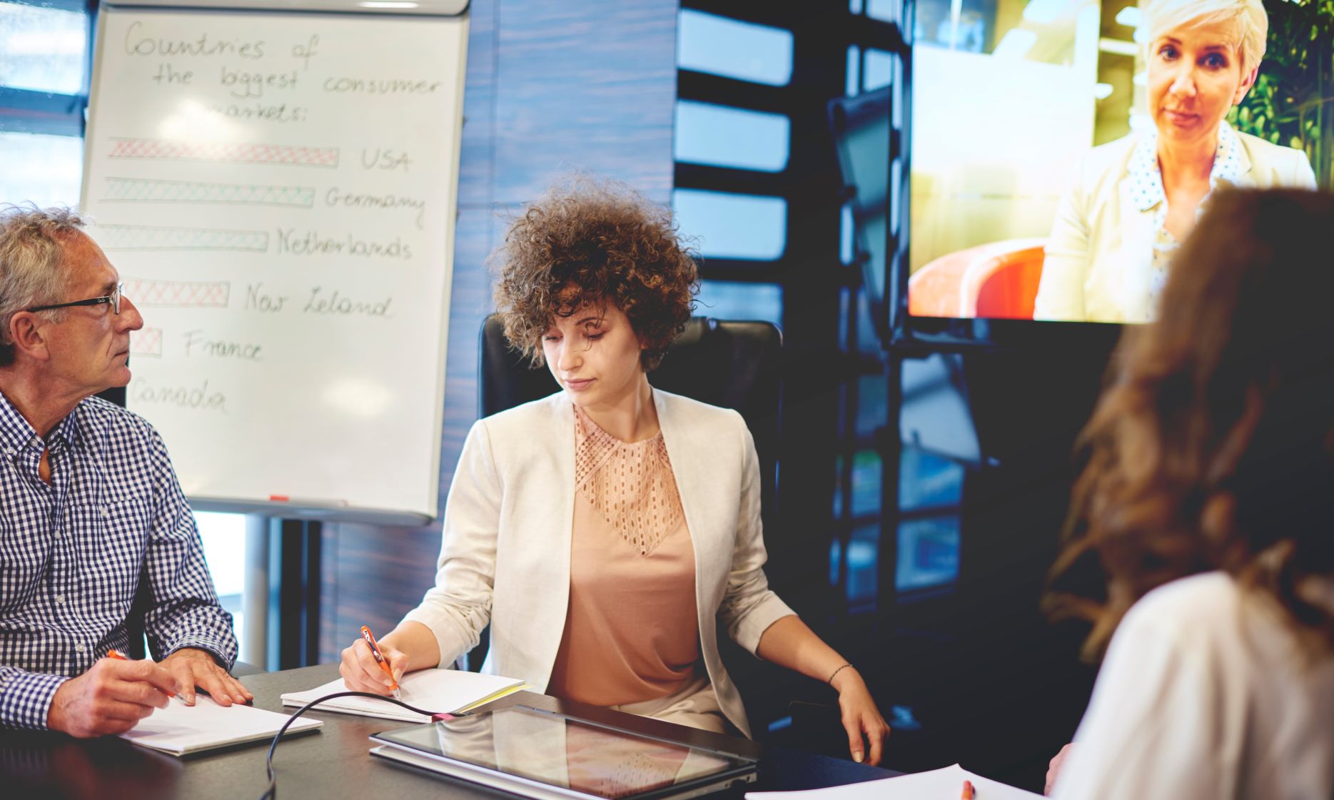 Three people at a meeting table and one person on a video screen joining in remotely